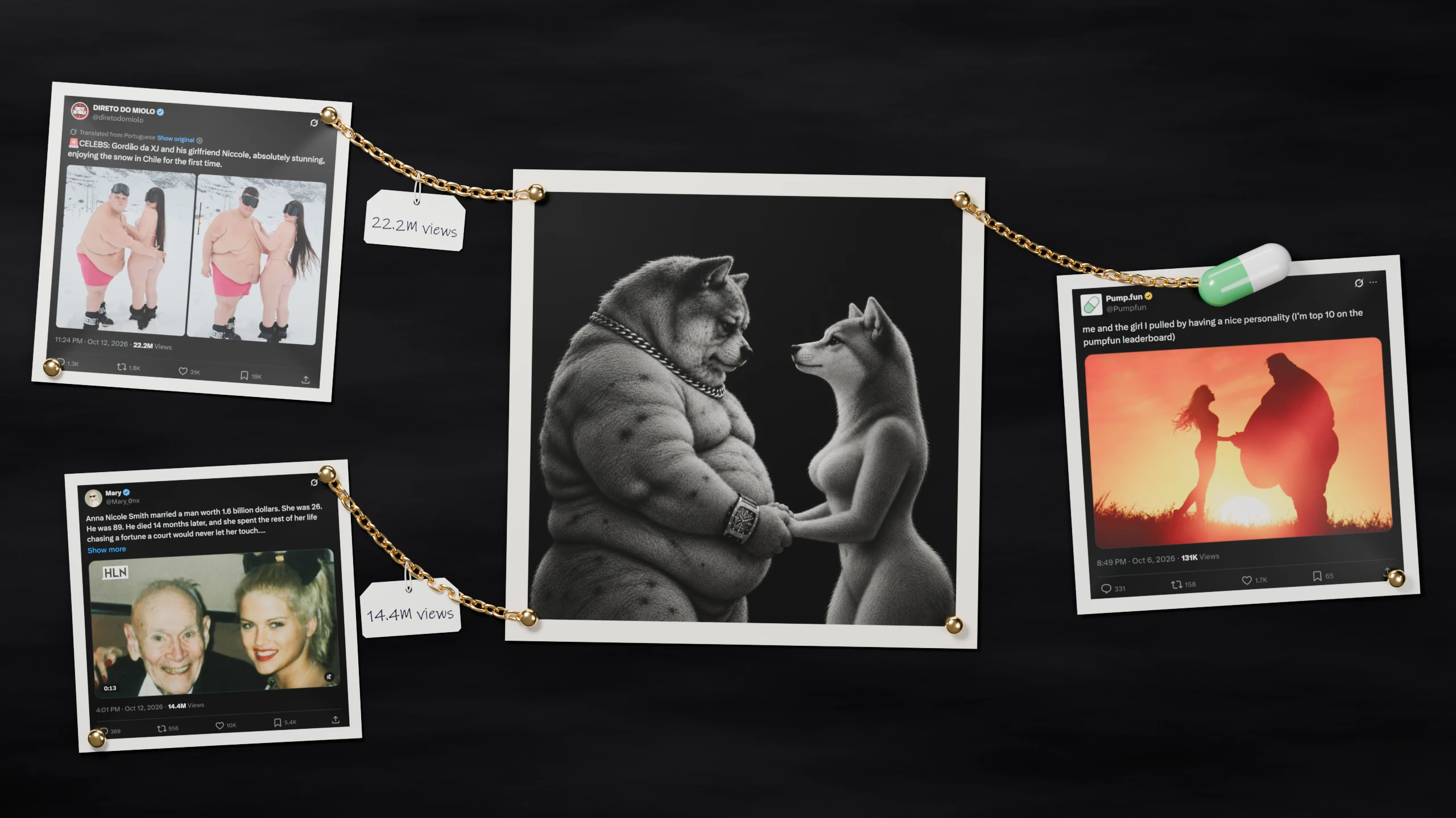 three viral posts pinned on black velvet, gold chains running to the picture of the fat dog and the pretty dog
